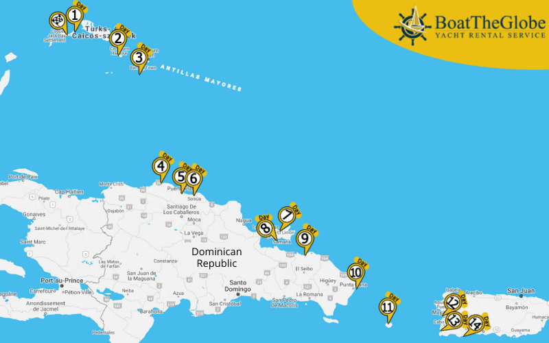 Catamaran hajós útvonal a Bahamáról Puerto Ricoba